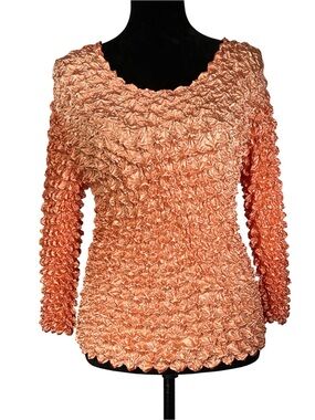 Peach Textured Crinkle Top Popcorn Magic Scarf Blouse Bubble Y2K Ruffle Stretchy